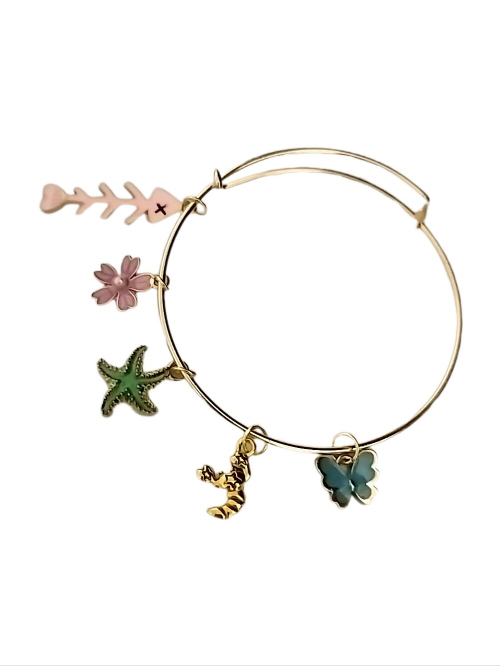 Adjustable Gold Charm Bangle Bracelet with Pink, Green & Teal Charms NWOT